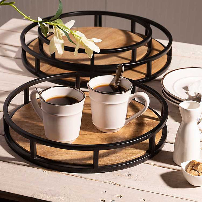 Round Metal and Wooden Base Trays, Set of 3