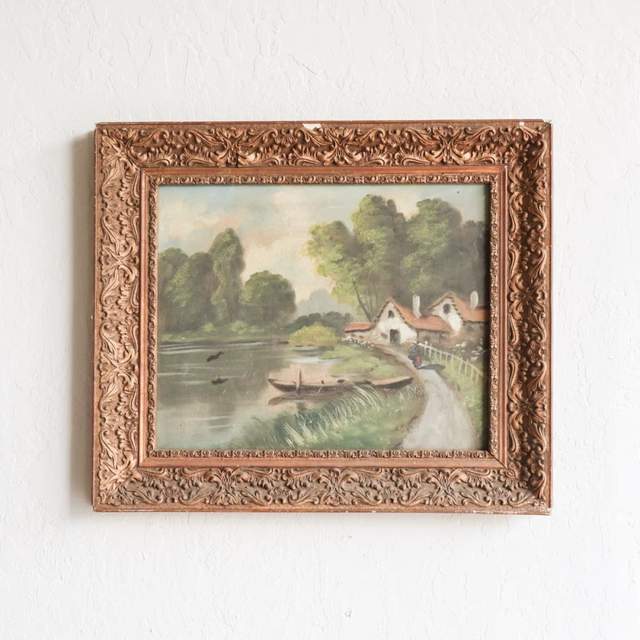 VINTAGE COTTAGES BY THE RIVER BANK OIL PAINTING