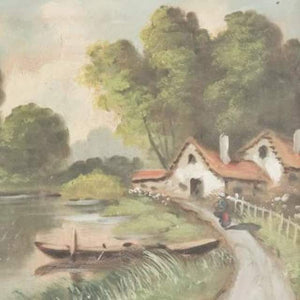 VINTAGE COTTAGES BY THE RIVER BANK OIL PAINTING
